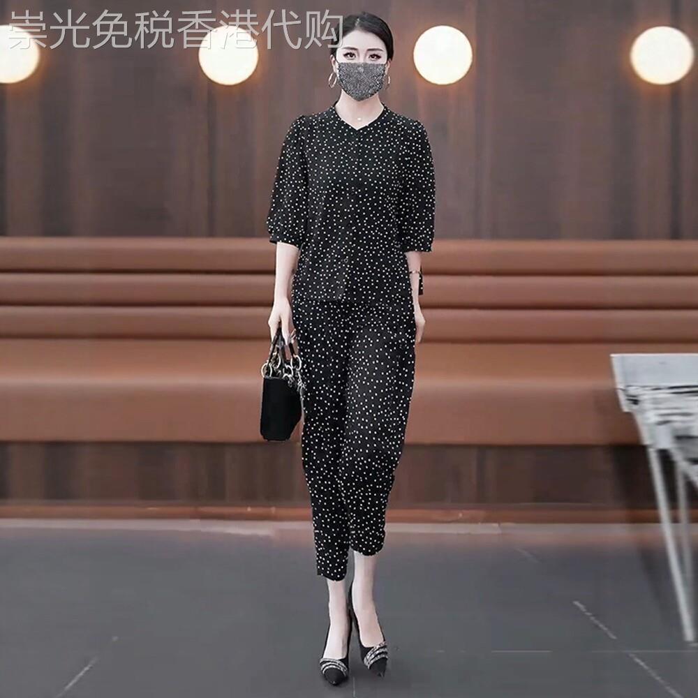 冰丝时尚休闲衬衣套装女2026夏新款七分袖薄款波点衬衫裤子两件套