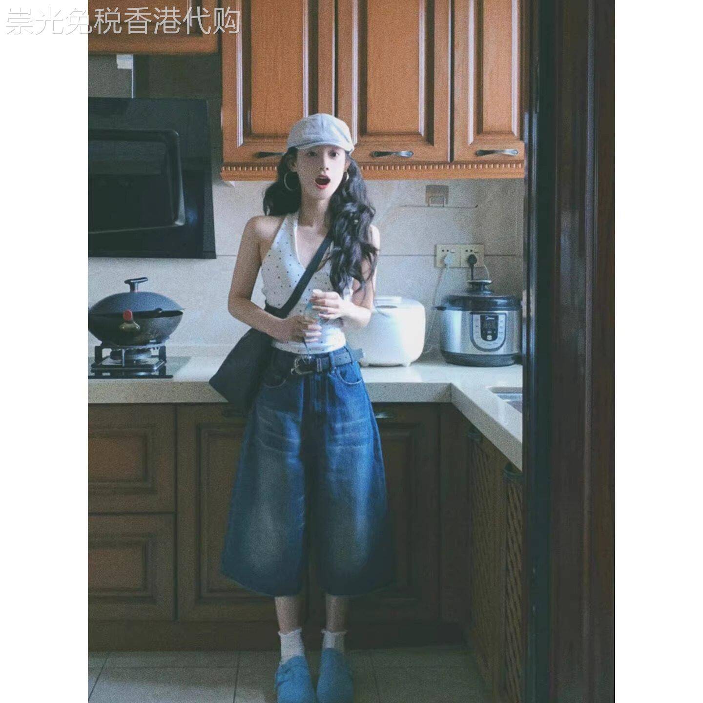波点辣妹露背绑带V领挂颈吊带背心女夏季修身短款设计感小众上衣