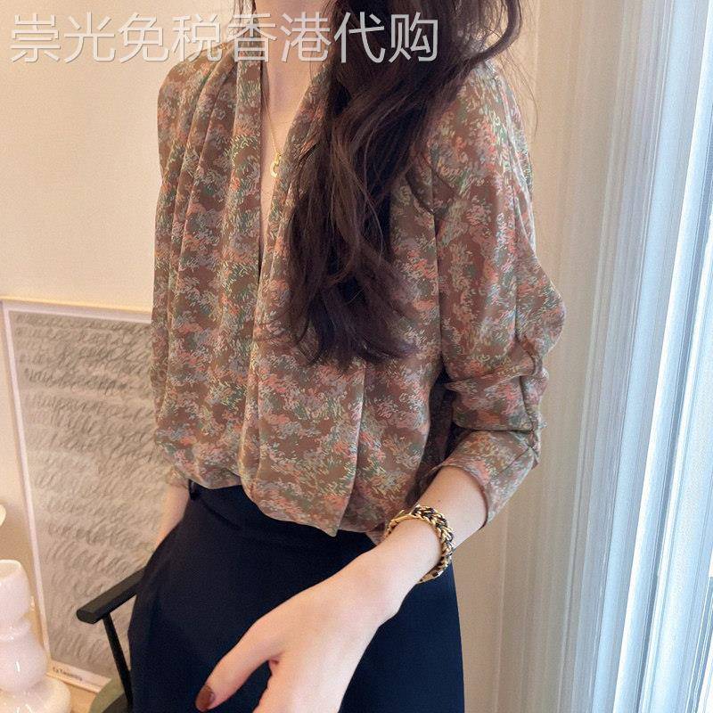 碎花雪纺衬衫女长袖春秋2026新款洋气小衫时尚设计感小众v领上衣