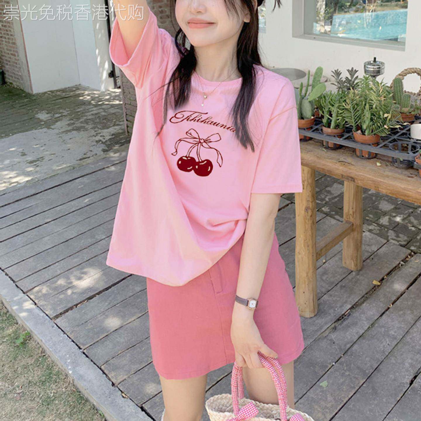 韩版东大门正肩粉色樱桃短袖t恤女2026新款夏季超火减龄宽松上衣
