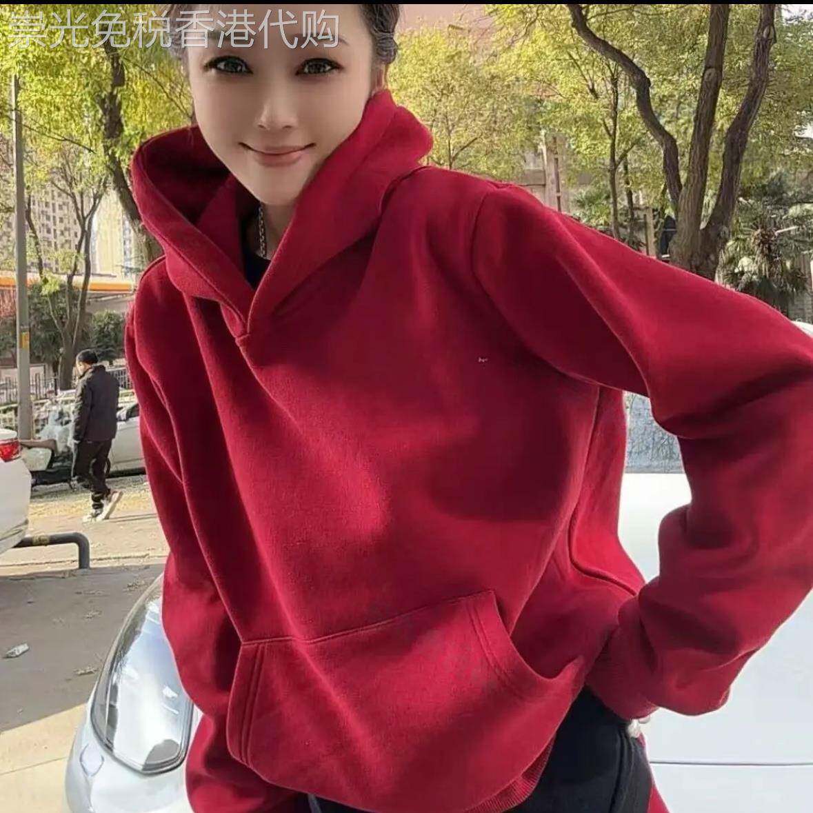 香港本命年中国红色加绒加厚连帽卫衣女冬季2025时尚休闲百搭上衣