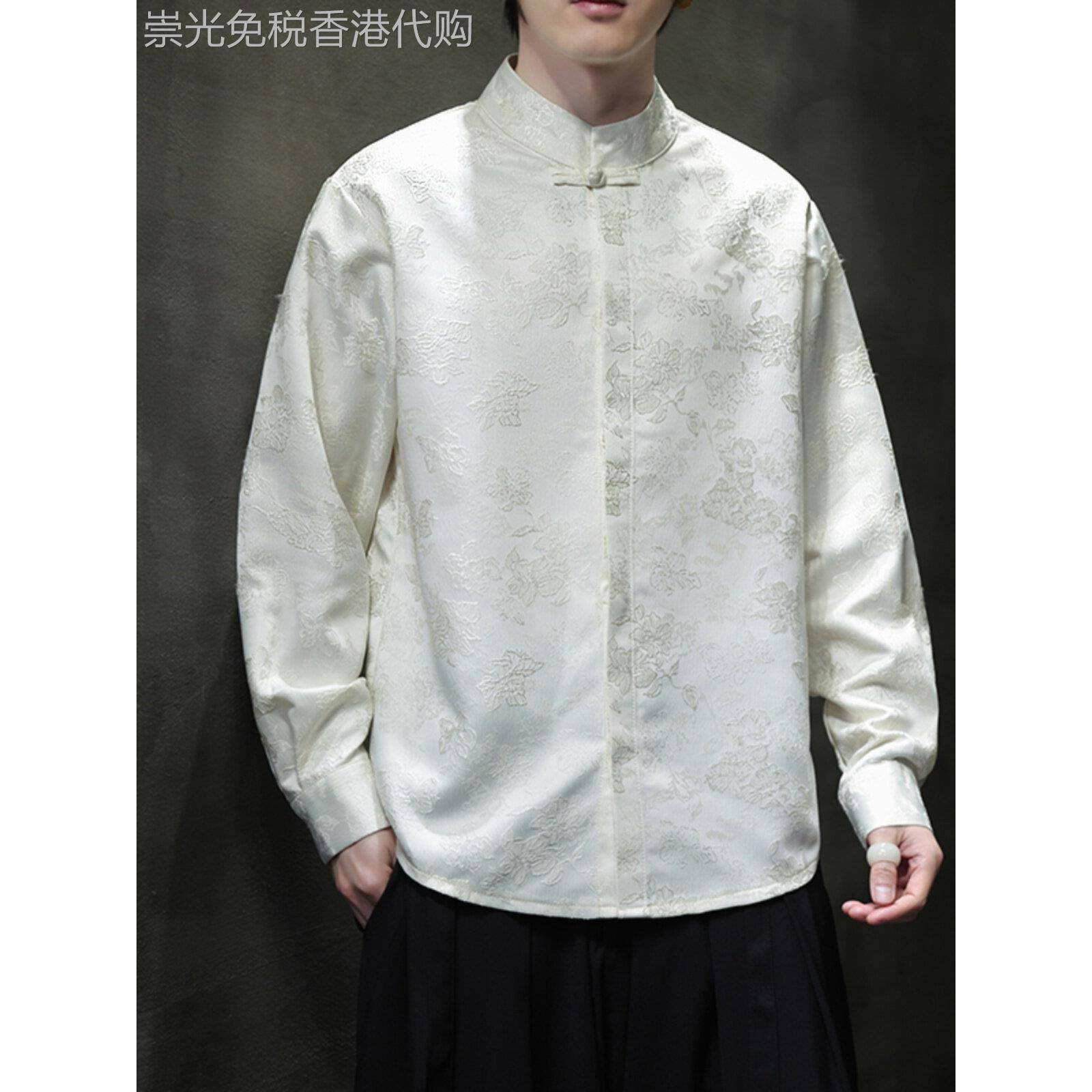 新中式提花衬衫春秋款青年唐装大码盘扣衬衣男中国风立领国潮上衣