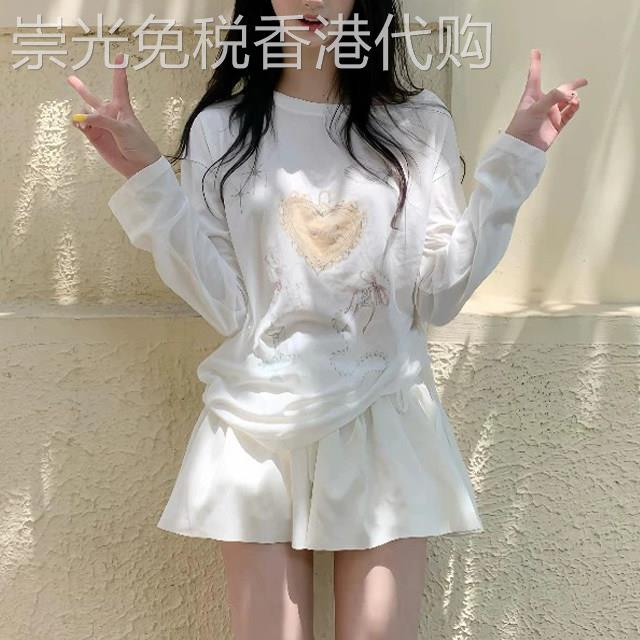 韩版甜美风白色印花长袖T恤女2026夏季新款欧货宽松显瘦防晒罩衫
