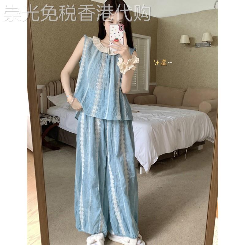 法国BERYDIA韩版宫廷风蕾丝花边蓝色睡衣女夏新款无袖薄款家居服