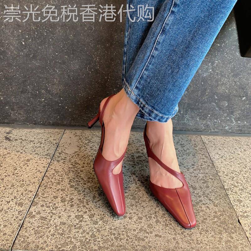 穿上秒变小女人~简约法式小方头后空细跟红色高跟鞋复古包头凉鞋