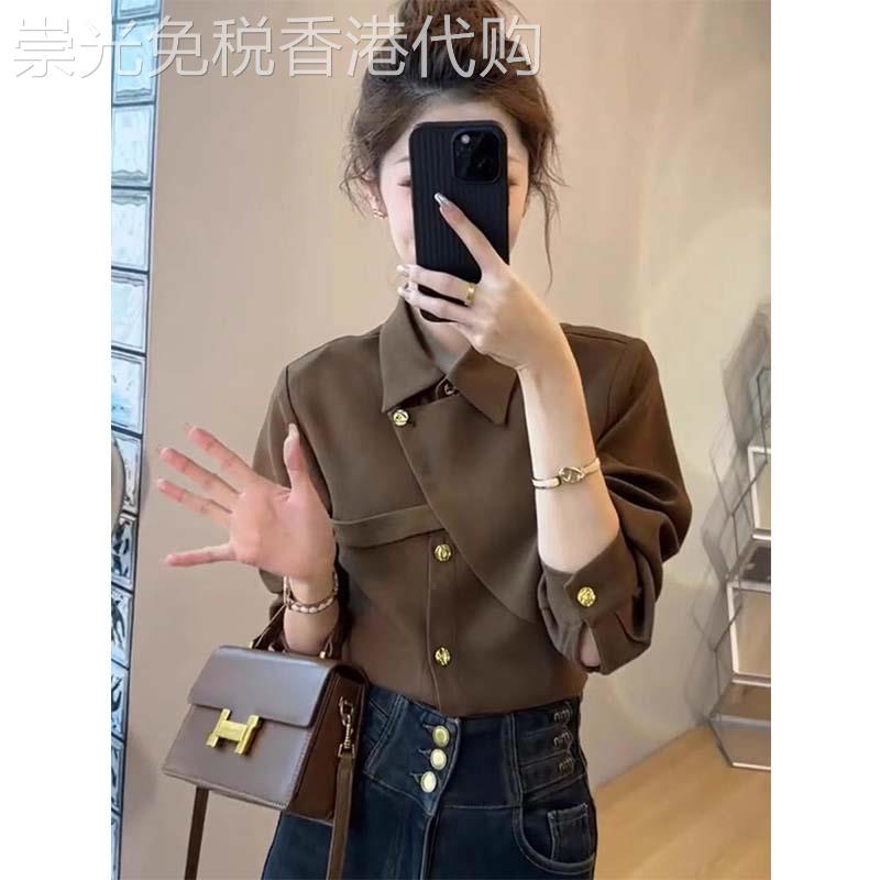 长袖衬衫女2026新款秋季港风复古Polo领不规则设计感小众别致上衣