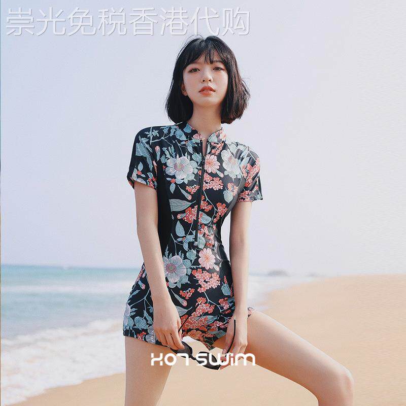 短袖碎花连身式冲浪服泳衣女士保守复古显瘦平角泡温泉装2026新款