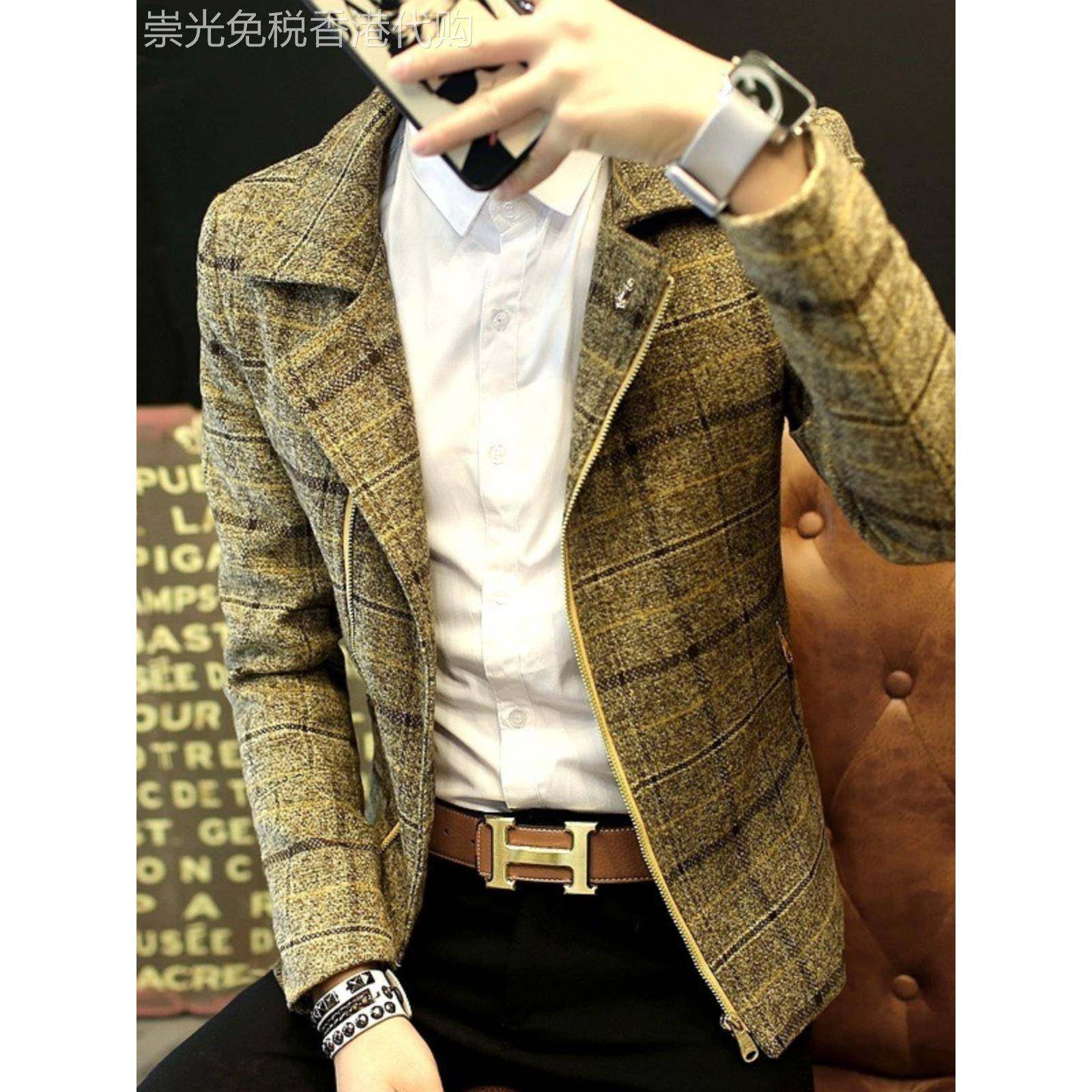 休闲格子夹克男秋冬新款加绒加厚韩版修身短款帅气高级感工装外套