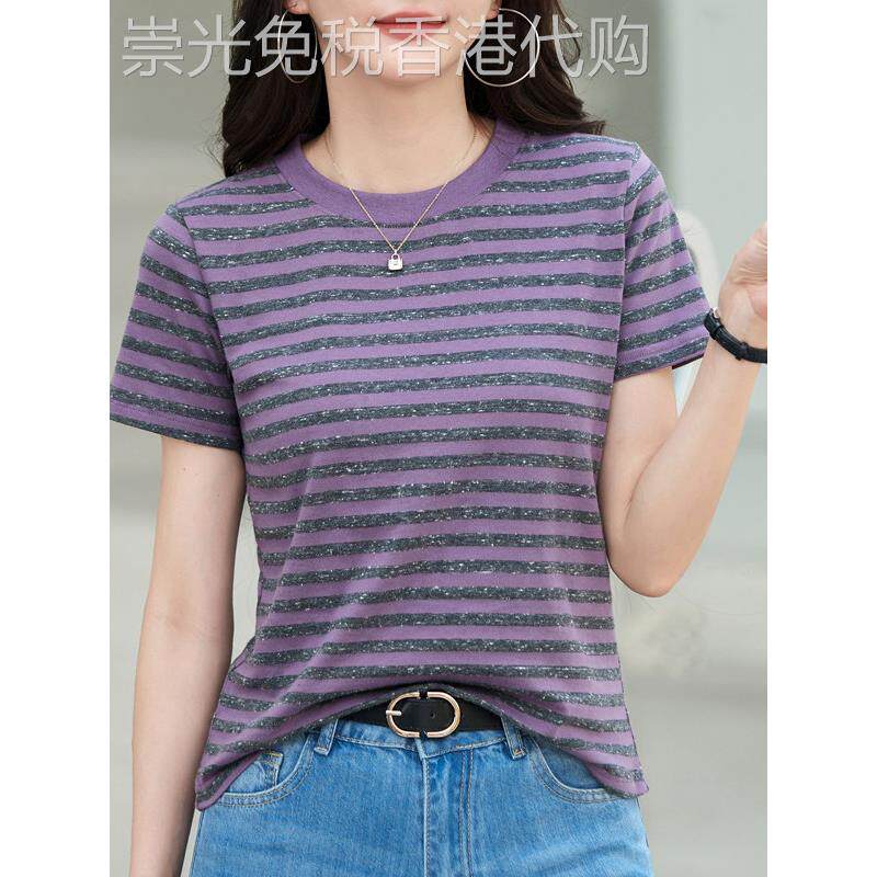 ITMI香港高端品牌女装2025夏季新款条纹女士短袖T恤宽松显瘦百搭