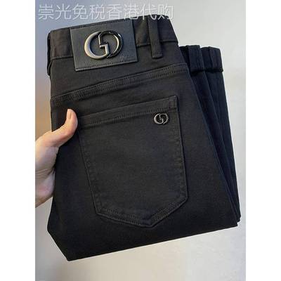 欧洲站轻奢黑色牛仔裤男款秋冬季加绒加厚修身小脚纯棉男士长裤子