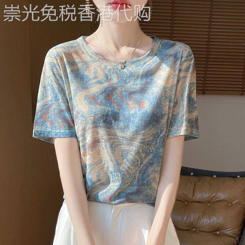 冰丝短袖T恤女宽松薄款夏季2026新款水墨印花半袖气质针织上衣服