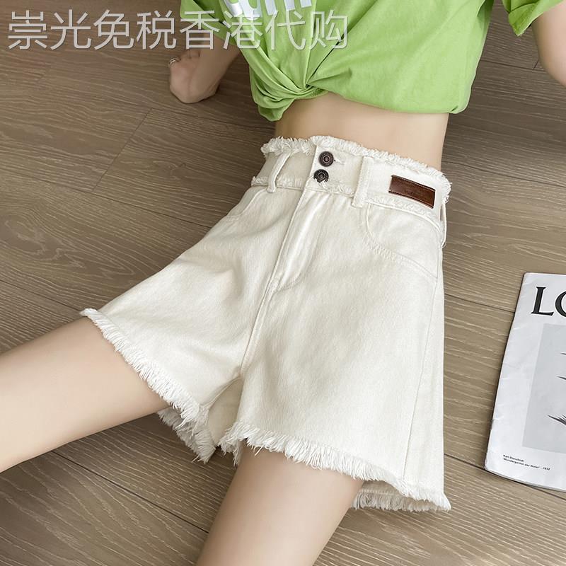 潮牌米白色牛仔短裤女2025夏季薄款高腰设计感毛边阔腿a字四分裤