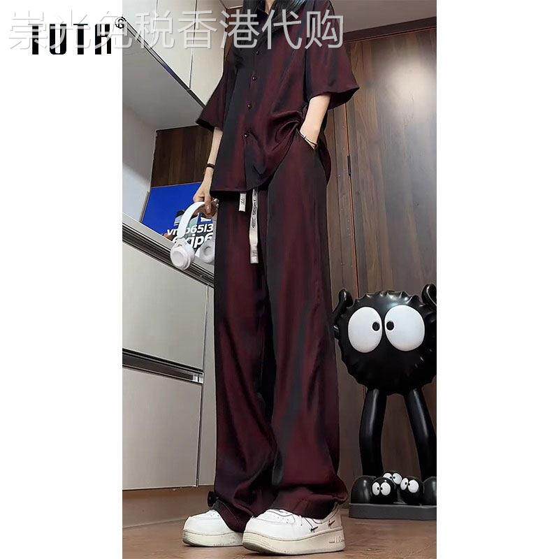 冰丝休闲 套装男士2025新款夏季高级感痞帅酸醋缎面短袖衬衫两件