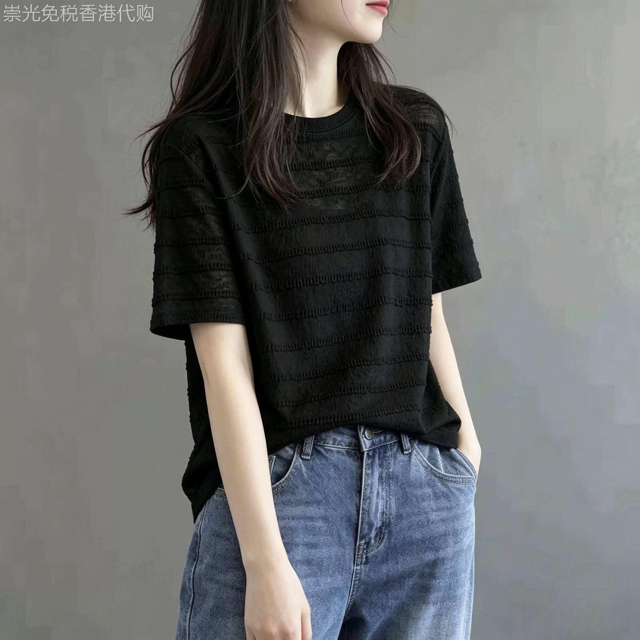 设计感黑色短袖T恤女夏季2026新款提花褶皱宽松显瘦休闲T恤上衣