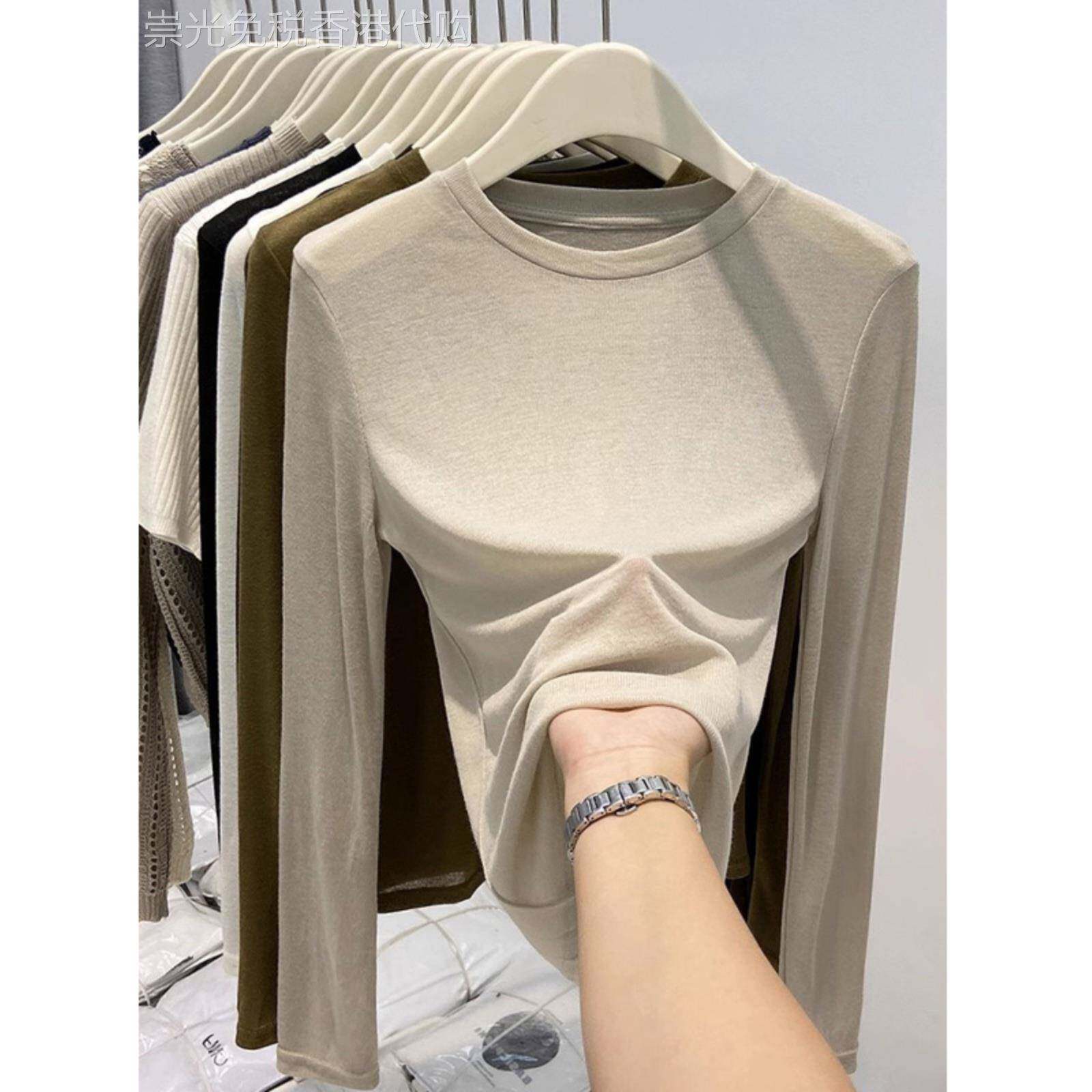 春秋季女士长袖圆领衬衫，薄软蜡面膜t恤，时尚纯色显瘦上衣