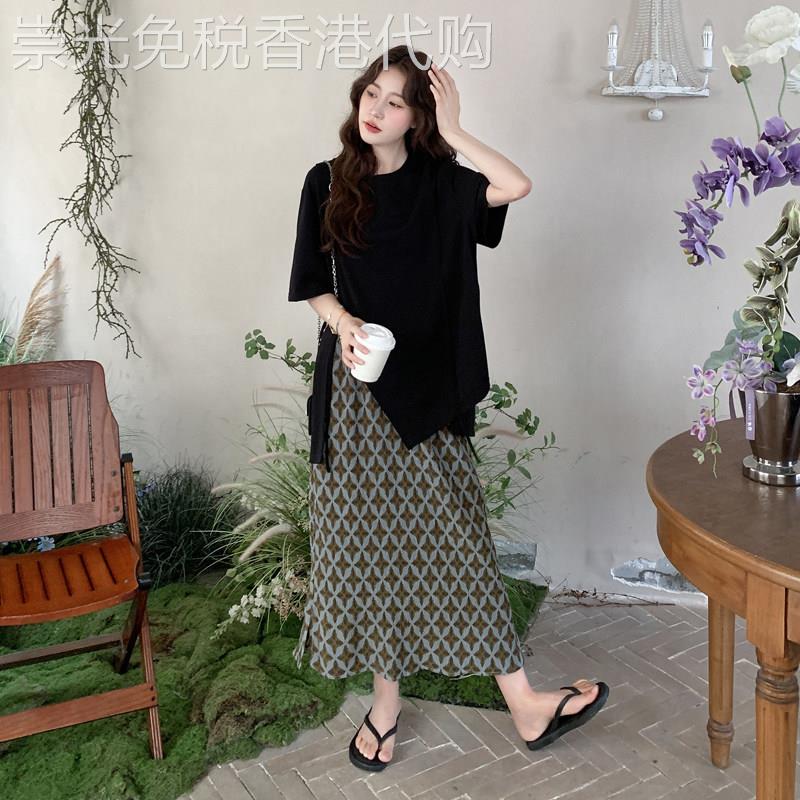 黑色开叉短袖T恤复古印花半裙套装女2025夏季法式气质慵懒两件套