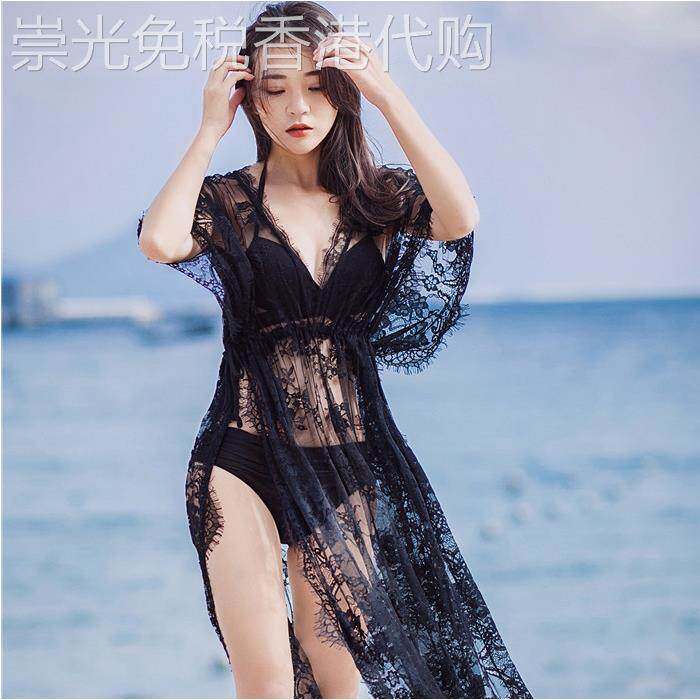 蕾丝罩衫比基尼游泳衣三件套性感两件式小胸聚拢遮肚显瘦泡温泉泳
