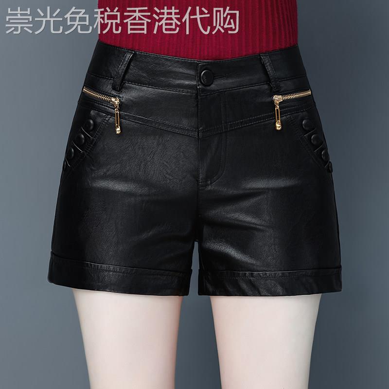 女士真皮短裤2025年秋季绵羊皮高腰外穿韩版黑色口袋皮裤子大码女