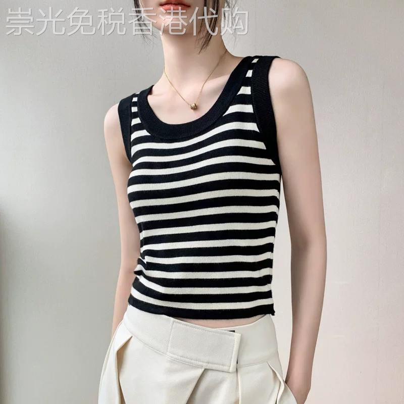 韩版针织吊带背心女外穿黑白条纹修身显瘦马甲内搭无袖上衣打底衫