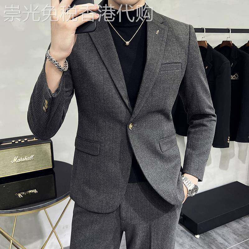 高端毛呢西装套装男秋冬新款韩版修身加厚磨毛商务休闲 西服两件