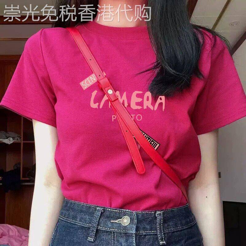 火龙果色短袖T恤女夏季薄款洋气印花多巴胺穿搭修身正肩体恤上衣