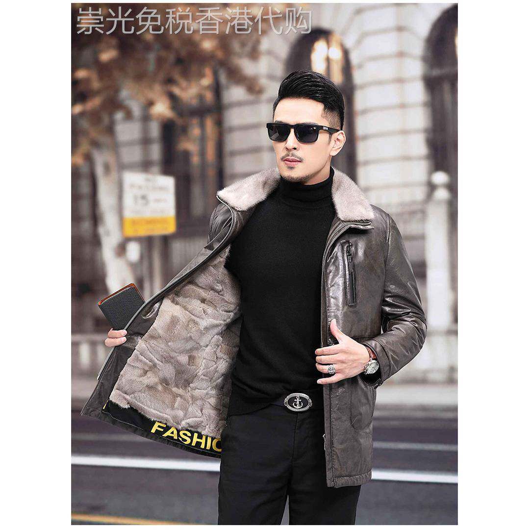 真皮皮衣男海宁水貂内胆拉炼翻领修身头层牛皮冬款保暖皮夹克外套