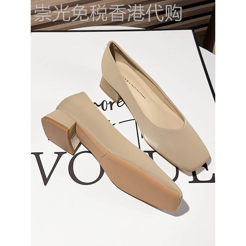 香港方头裸色单鞋女粗跟夏季新款软皮软底奶奶鞋百搭中跟高跟鞋女