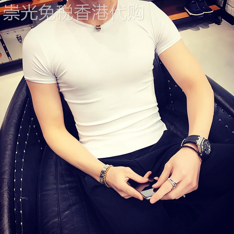 夏季新款短袖T恤男白色紧身休闲圆领纯棉男士打底衫薄款简约百搭