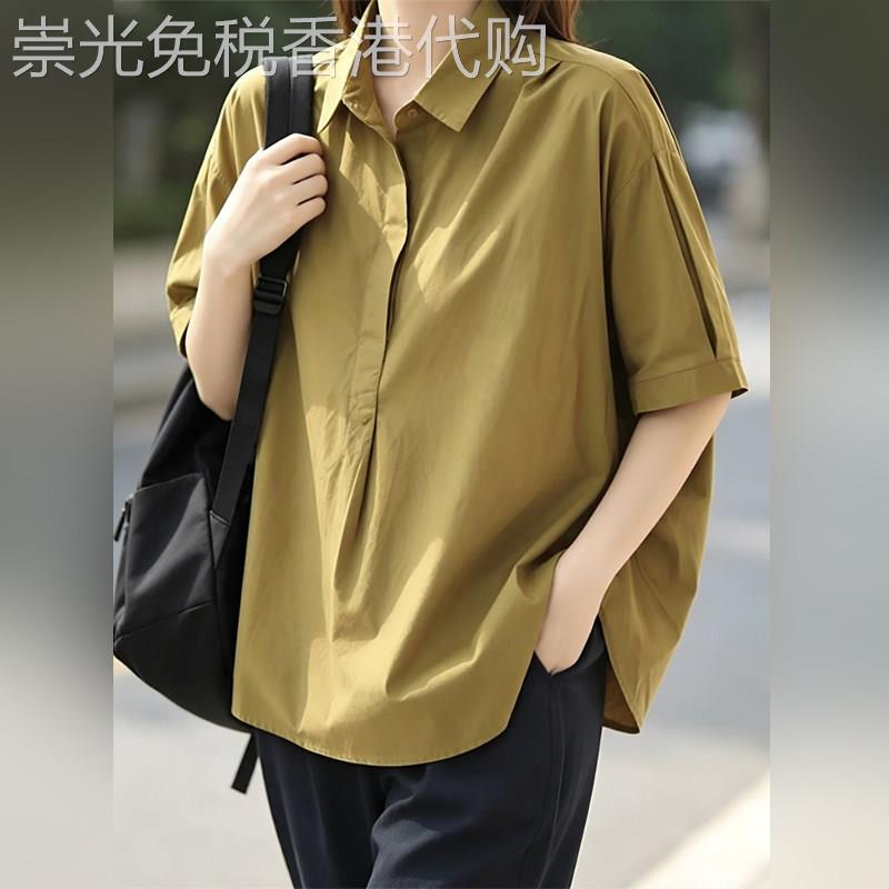 潮牌日系宽松短袖衬衫女2026夏季百搭棉质显瘦遮肉设计感休闲上衣