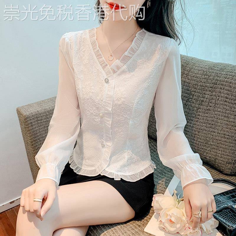 收腰显瘦雪纺衬衫女秋季2026新款洋派蕾丝小衫时尚木耳边气质上衣