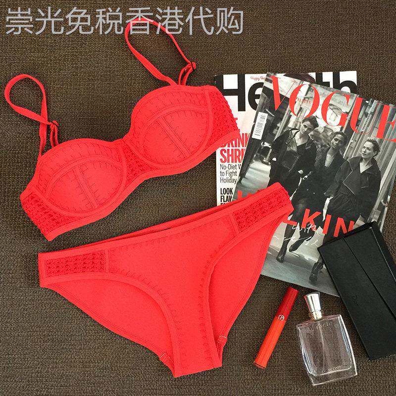 比基尼聚拢性感带钢托欧美沙滩潜水度假刺绣红色大小胸分体泳衣女