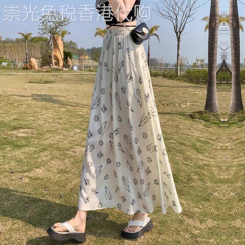 潮牌碎花半身裙女2026夏新款遮跨大摆气质a字高腰垂感雪纺长裙子