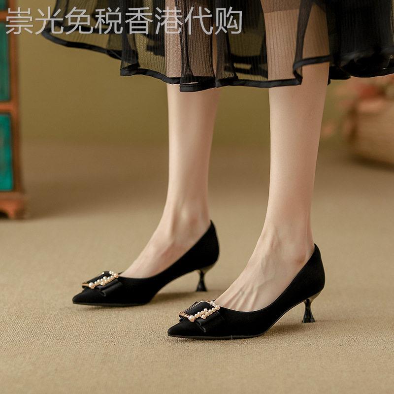 真皮时尚尖头高跟鞋女2025年春秋季新款珍珠扣职业浅口细跟单鞋子
