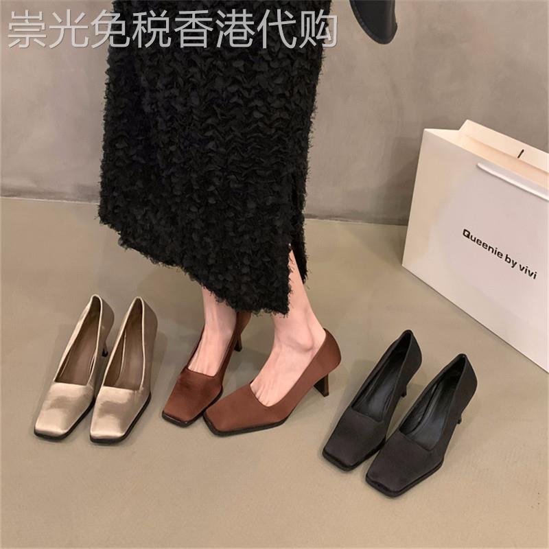 法式复古方头黑色粗跟高跟鞋女鞋子春秋新款时尚浅口气质通勤单鞋