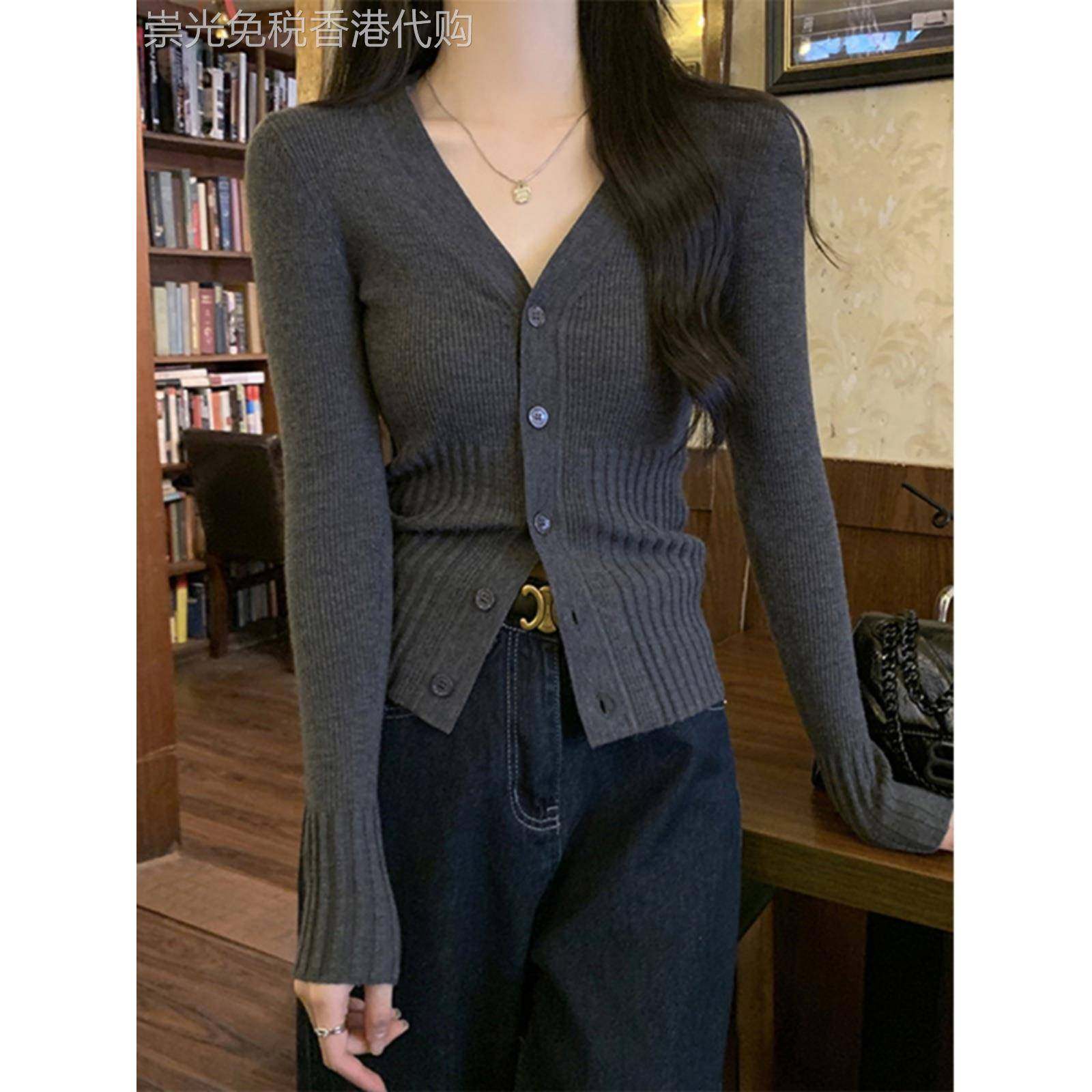 深灰色针织开衫外套女春秋季新款内搭修身显瘦小个子V领打底上衣