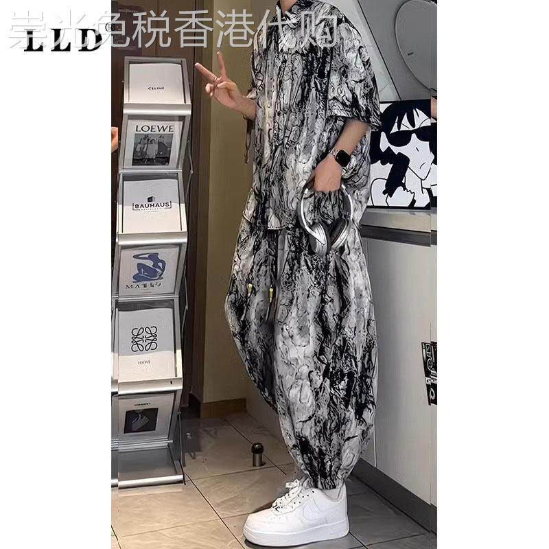 新中式国风套装男夏季薄款冰丝潮牌宽松休闲短袖衬衫灯笼裤两件套