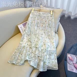 荷叶边碎花鱼尾半身裙女夏季新款薄款中长版不规则a字高腰长裙子