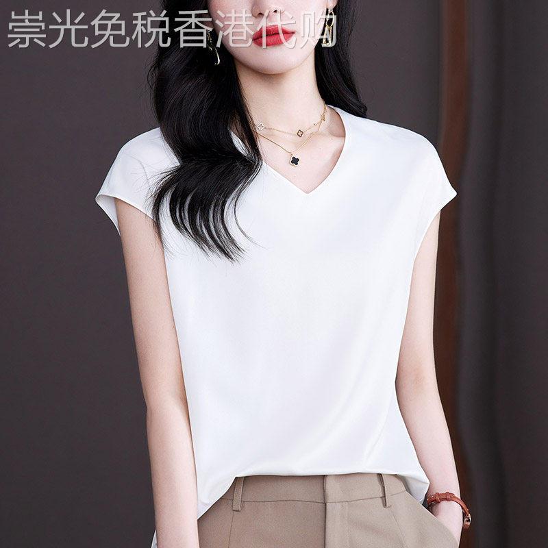 白色短袖冰丝雪纺衫女装2026夏季新款简约V领T恤洋派显瘦遮肚上衣