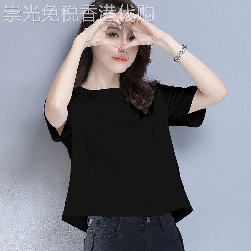 潮牌黑色短款短袖t恤女士夏季韩系新款休闲百搭宽松高腰上衣薄款