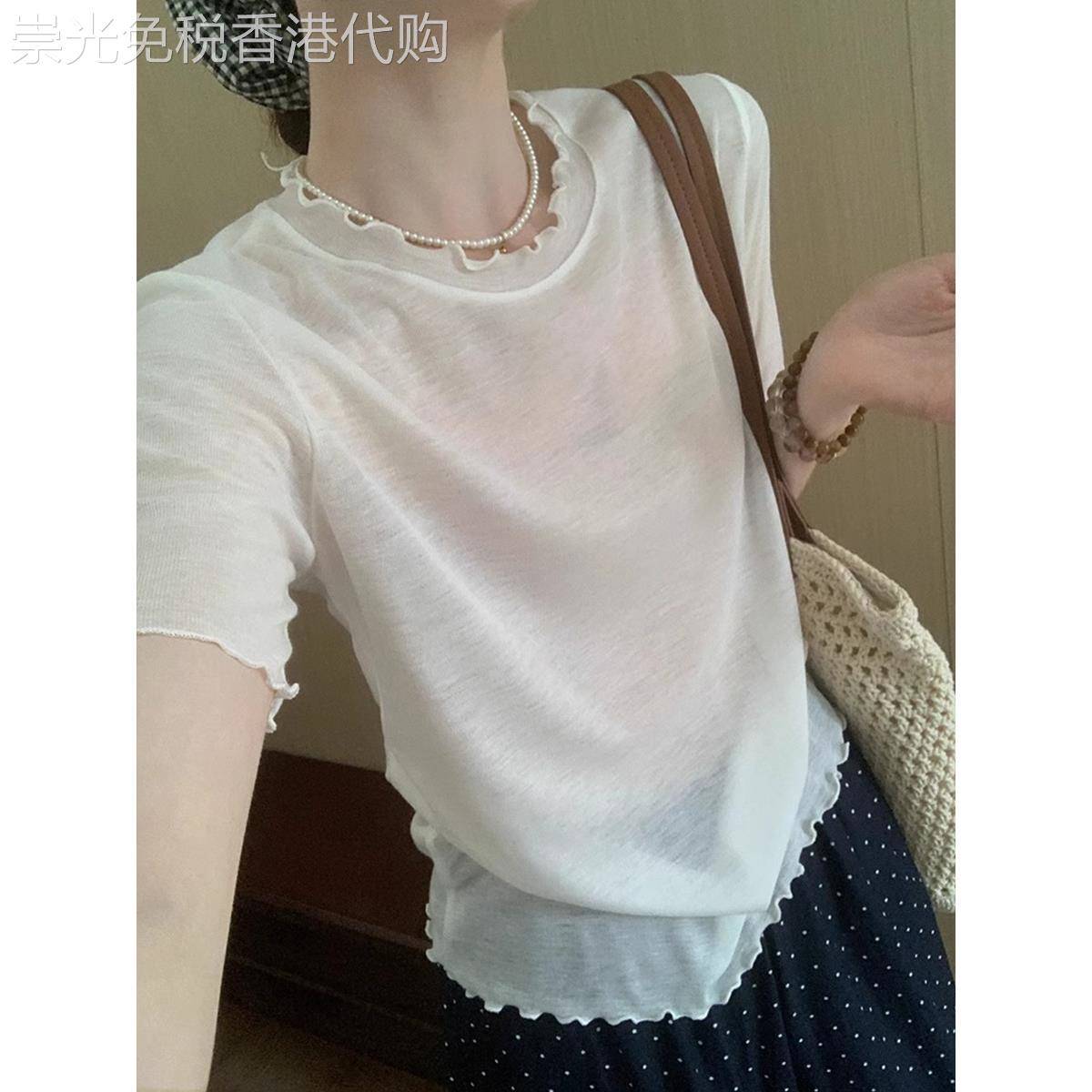冰丝木耳边短袖T恤女士夏季2025新款宽松显瘦设计感短款洋派上衣