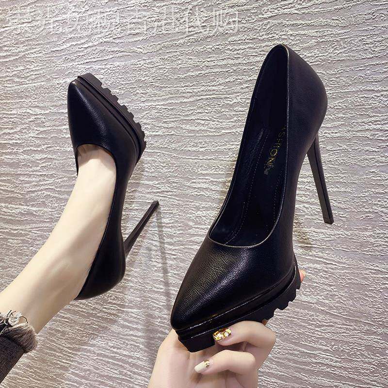 防水台高跟鞋女细跟尖头性感百搭黑色职业软皮不磨脚真皮女鞋单鞋