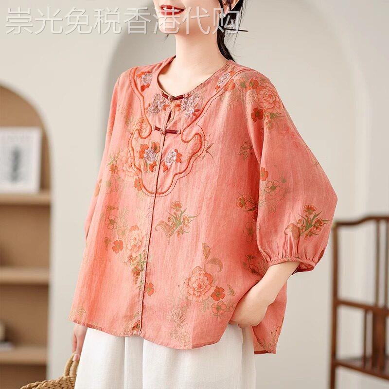 潮牌新中式刺绣棉麻短袖衬衫女夏季薄款宽松国风盘扣亚麻小衫上衣