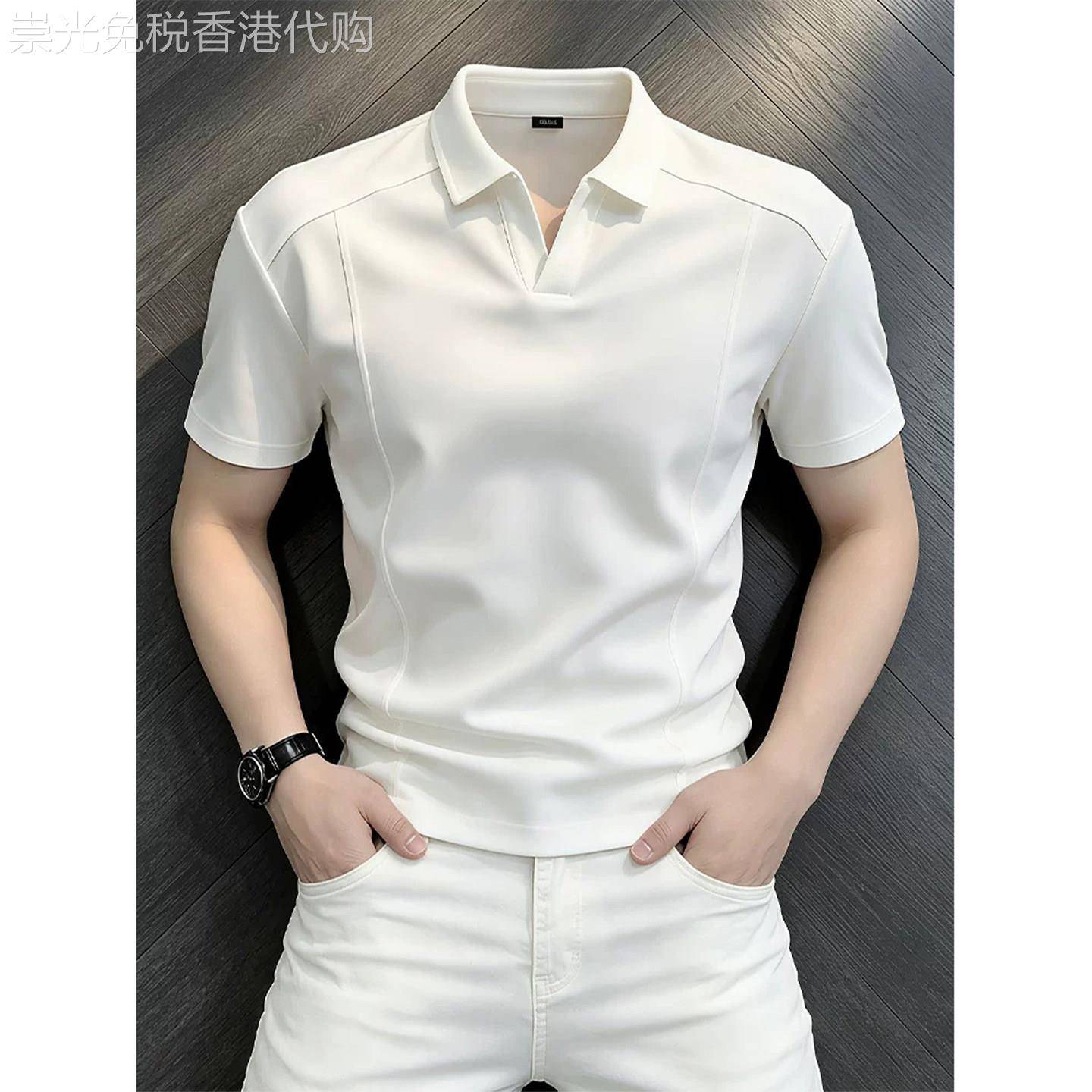 潮牌高品质白色海鸥V领短袖polo衫男夏季收腰显瘦解构拼接翻领t恤