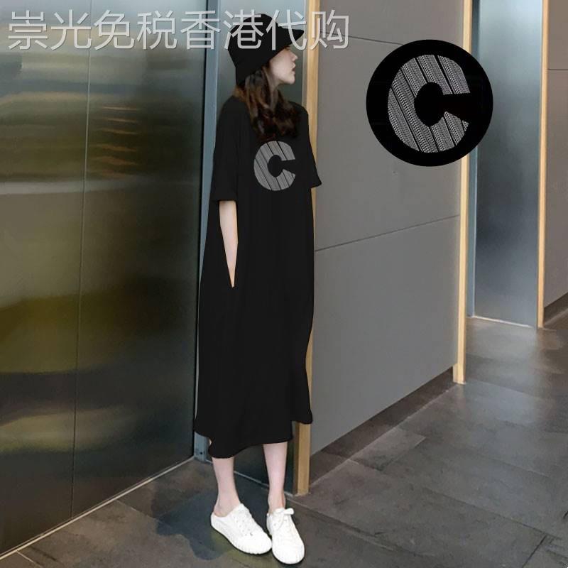 黑色短袖洋装女2025年夏季新款设计感宽松休闲印花中长版T恤裙