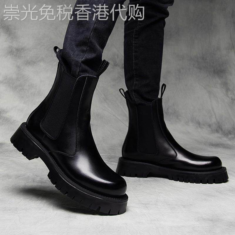 香港潮牌高级感切尔西男靴韩版潮流高帮加绒马丁靴真皮内增高皮靴