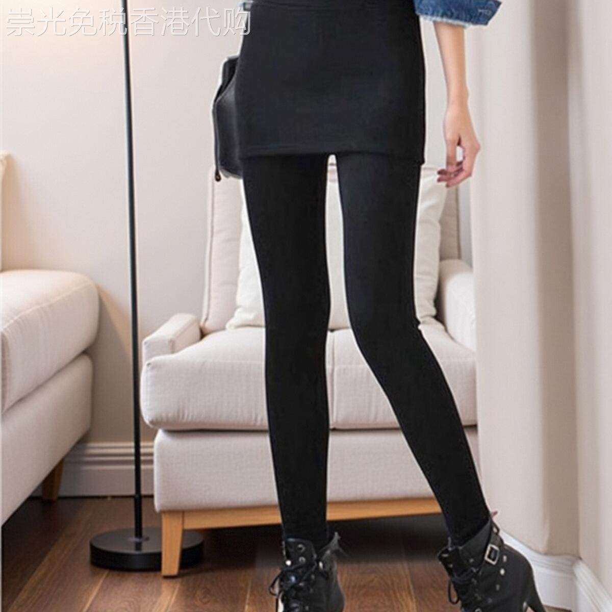 韩版秋冬款假两件加绒加厚打底裤裙裤女裤子高腰包臀踩脚平口长裤