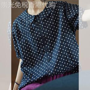 通勤气质波点上衣衬衫夏季新款女宽松休闲藏青色复古减龄百搭小衫