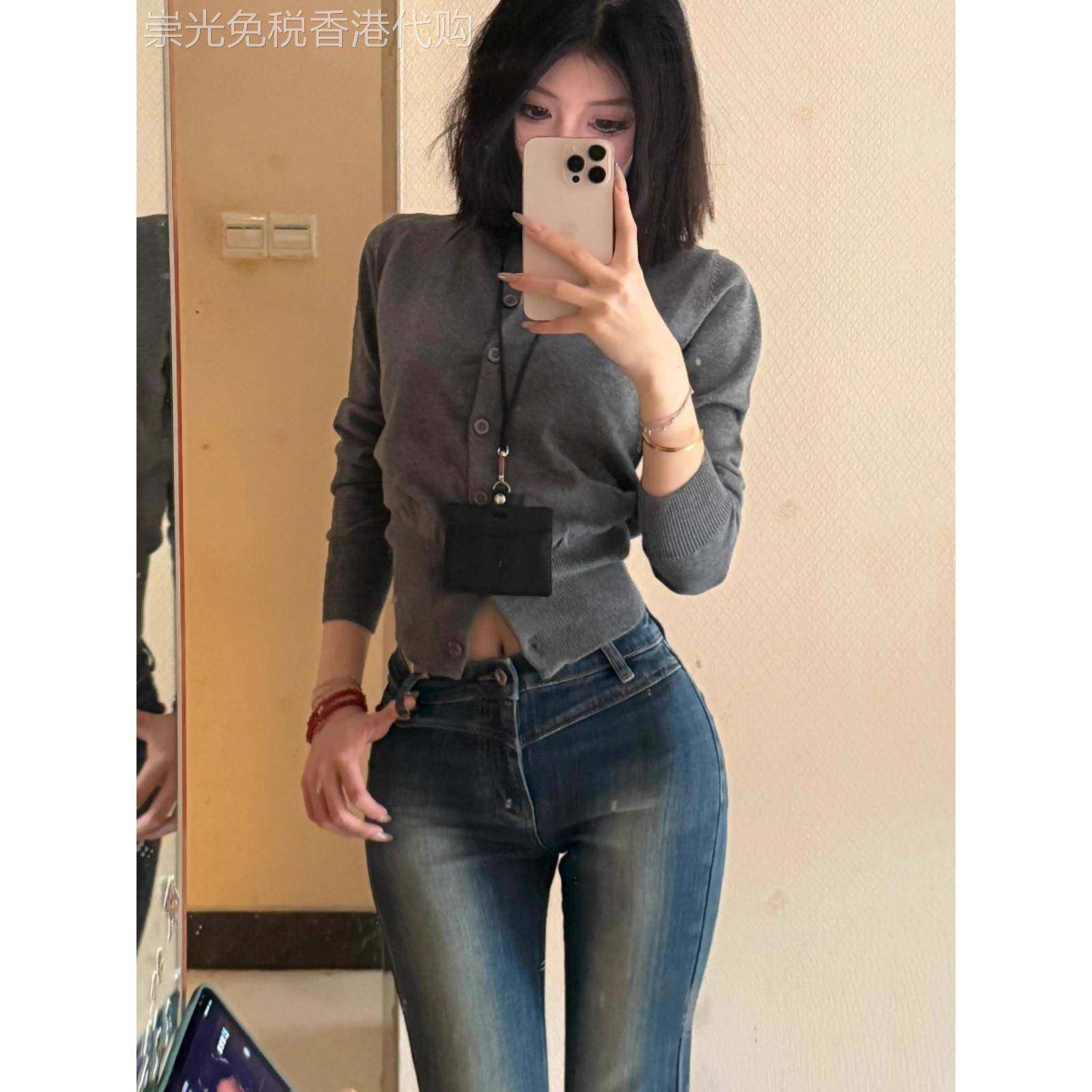 日系针织开衫毛衣女秋冬季高级感长袖修身超收腰纯色圆领短款上衣