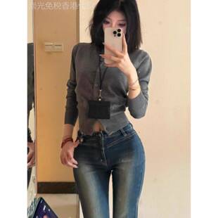 日系针织开衫毛衣女秋冬季高级感长袖修身超收腰纯色圆领短款上衣