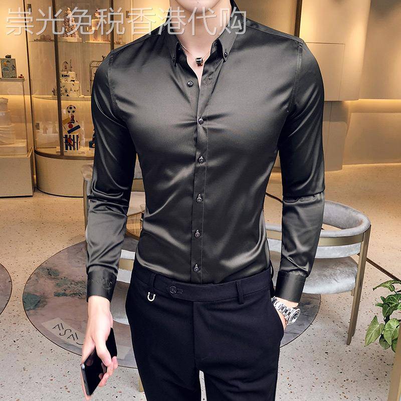 潮牌春秋新款真丝长袖衬衫男韩版修身免烫刺绣寸衫帅气休闲衬衣男